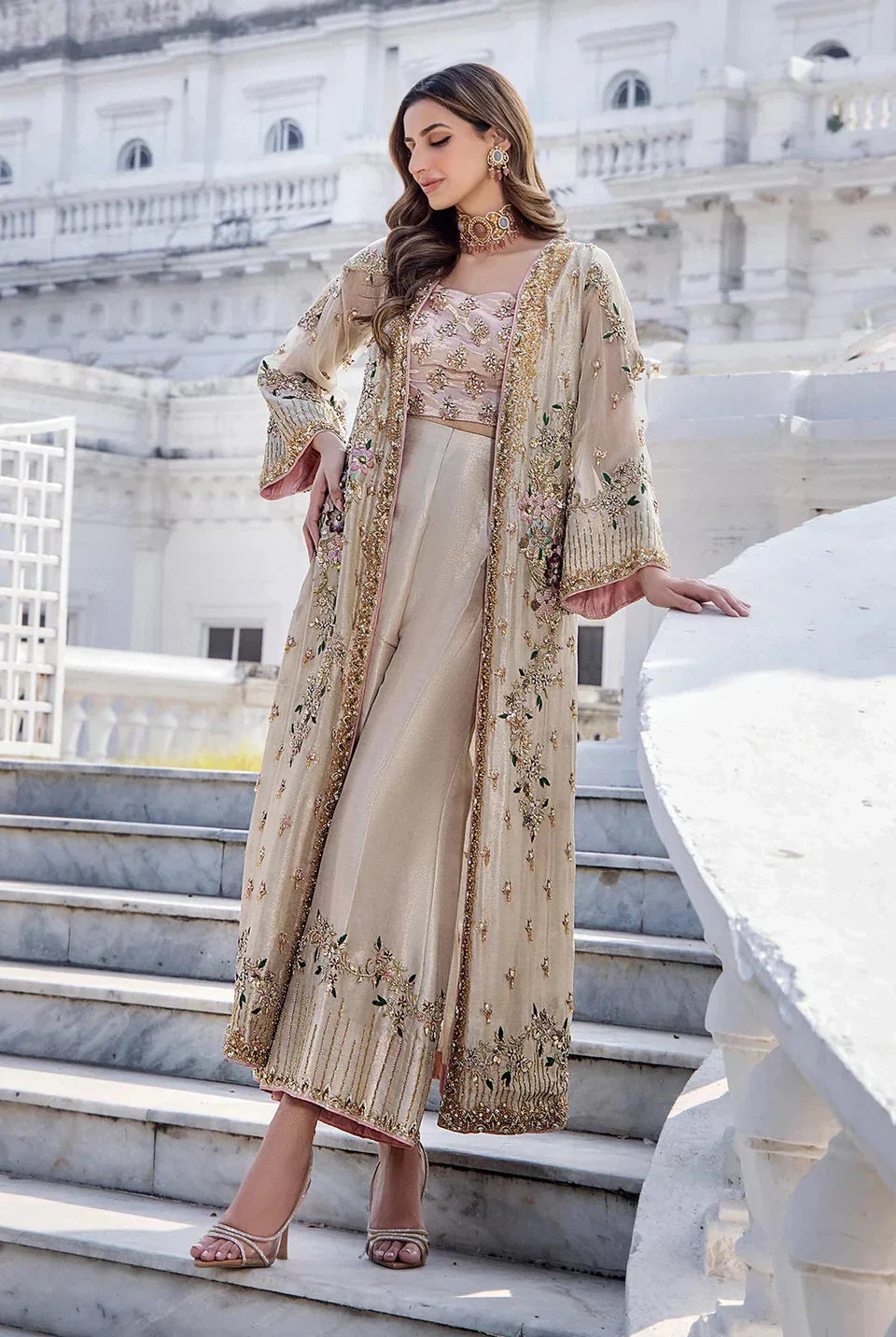 Shazia Kiyani Shanoo unstitched three-piece ensemble in premium organza featuring intricate embroidery, offering timeless elegance and versatility for customization, perfect for weddings, celebrations, and formal gatherings.