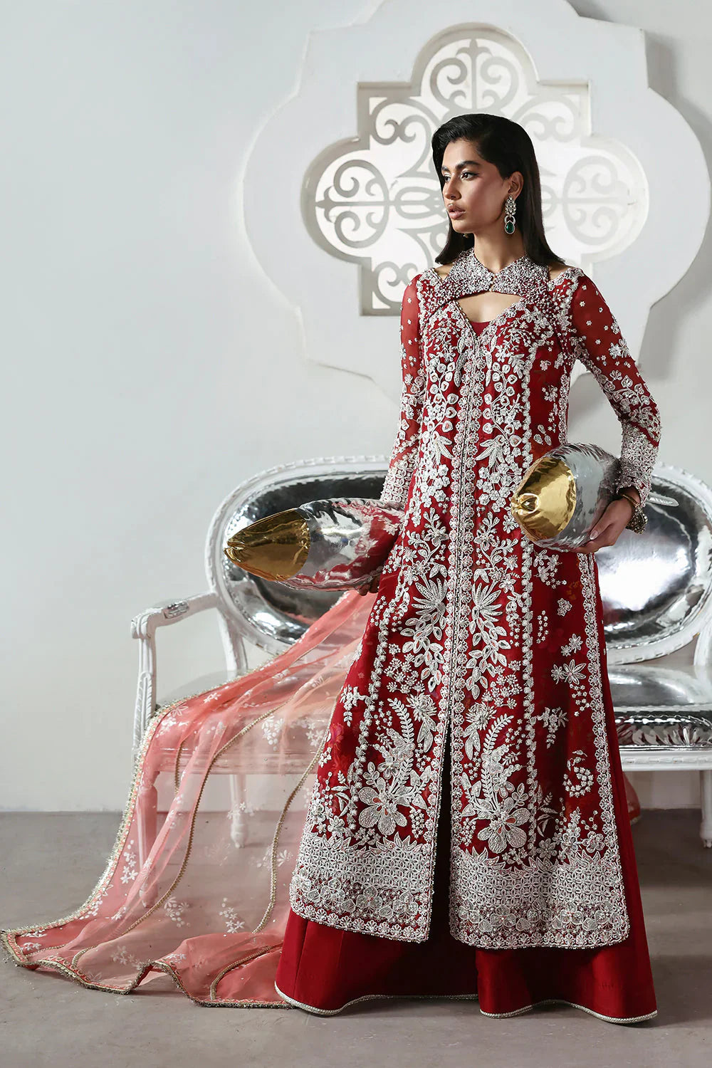 Soraya Solara Pakistani designer festive luxury ensemble with a soft luminous aesthetic and beautifully curated detailing, featuring a refined balance of texture and harmony, creating an effortlessly graceful couture look for modern festive occasions.