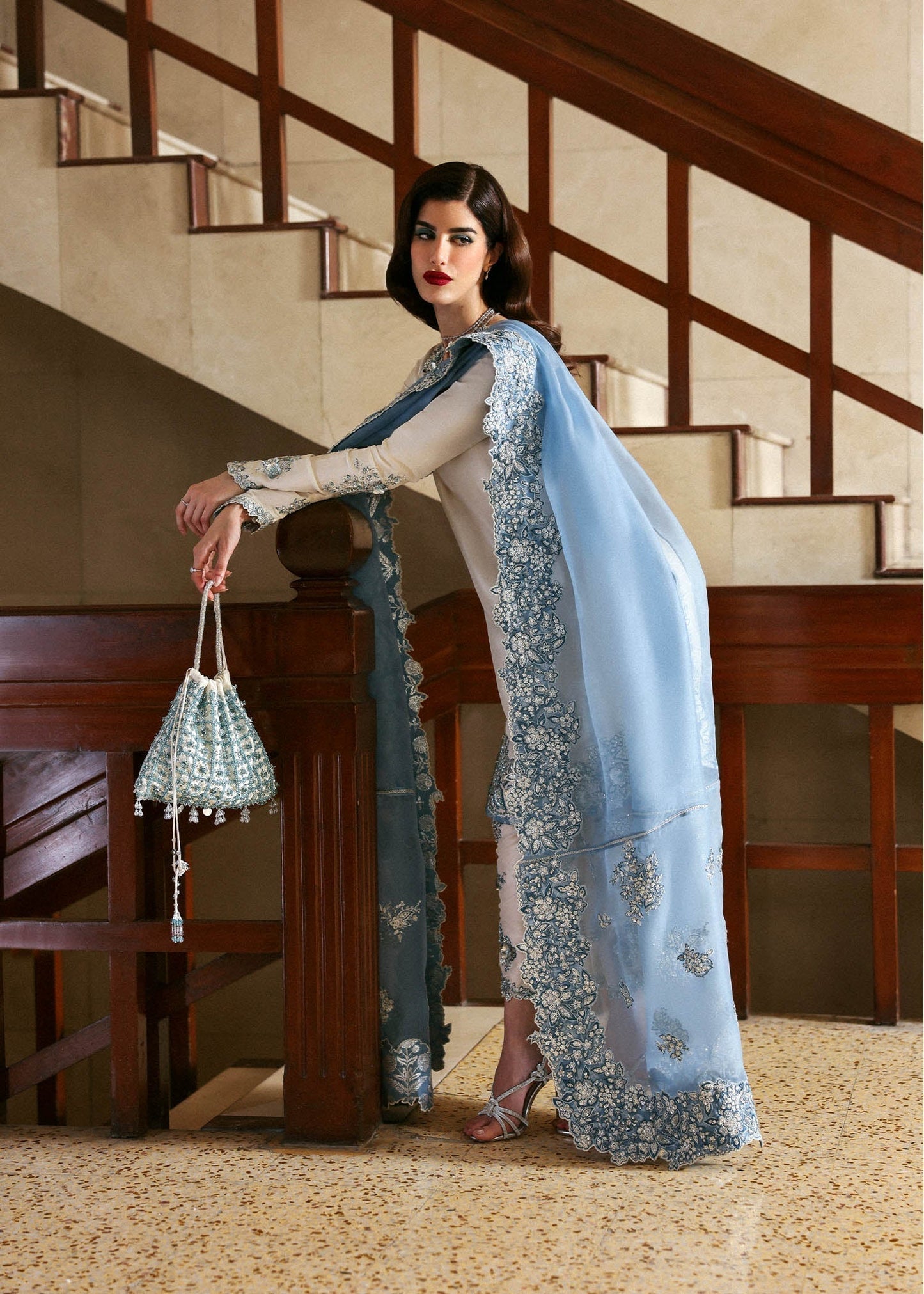 Hussain Rehar Virelle ensemble crafted in sumptuous fabric with delicate embellishments and refined craftsmanship, featuring a fluid silhouette that balances elegance and modern charm, paired with a beautifully detailed dupatta, perfect for special occasions and formal events.