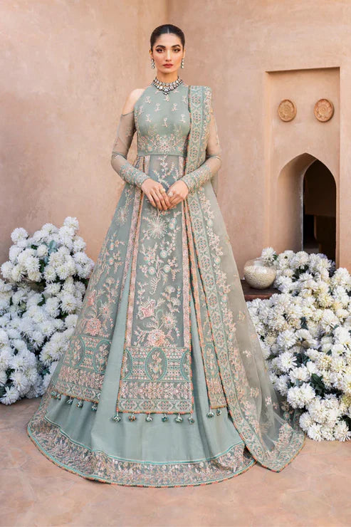 Gossamer Pakistani designer unstitched formal ensemble featuring intricate organza embroidery with components including embroidered blouse pieces, panels, borders, and dupatta, designed to be tailored into a lehnga or other silhouette, perfect for weddings and festive occasions.