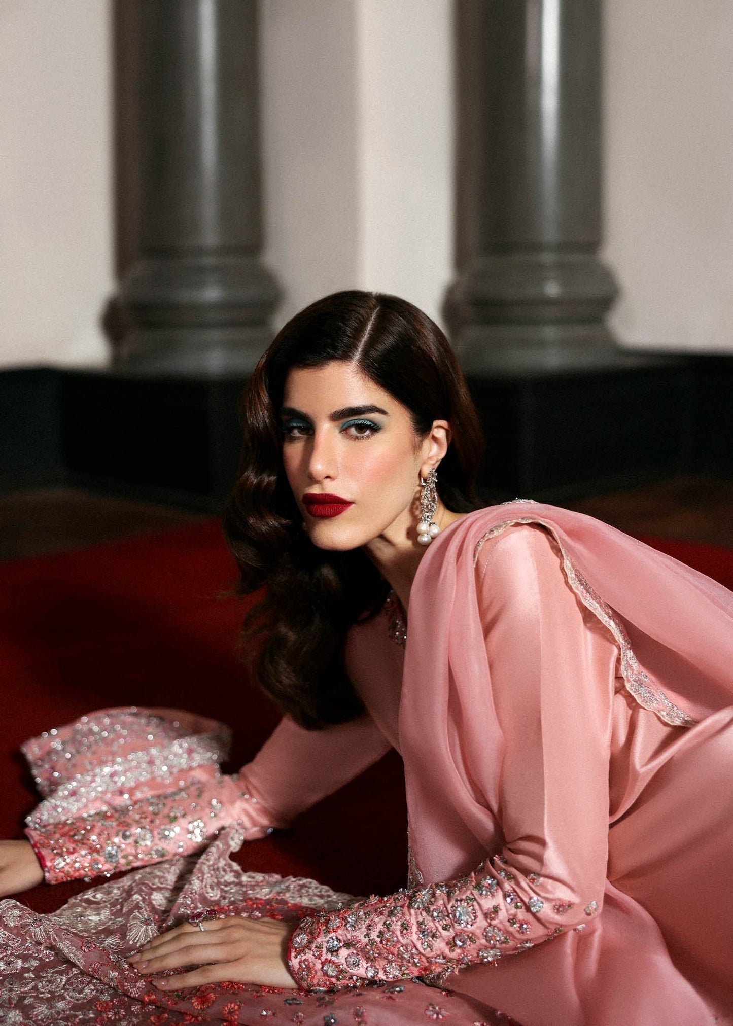 Hussain Rehar Evara ensemble featuring intricate embellishments with refined detail on rich flowing fabric in a statement silhouette with bold accents and a perfectly tailored cut, paired with a graceful dupatta, perfect for weddings and formal occasions.
