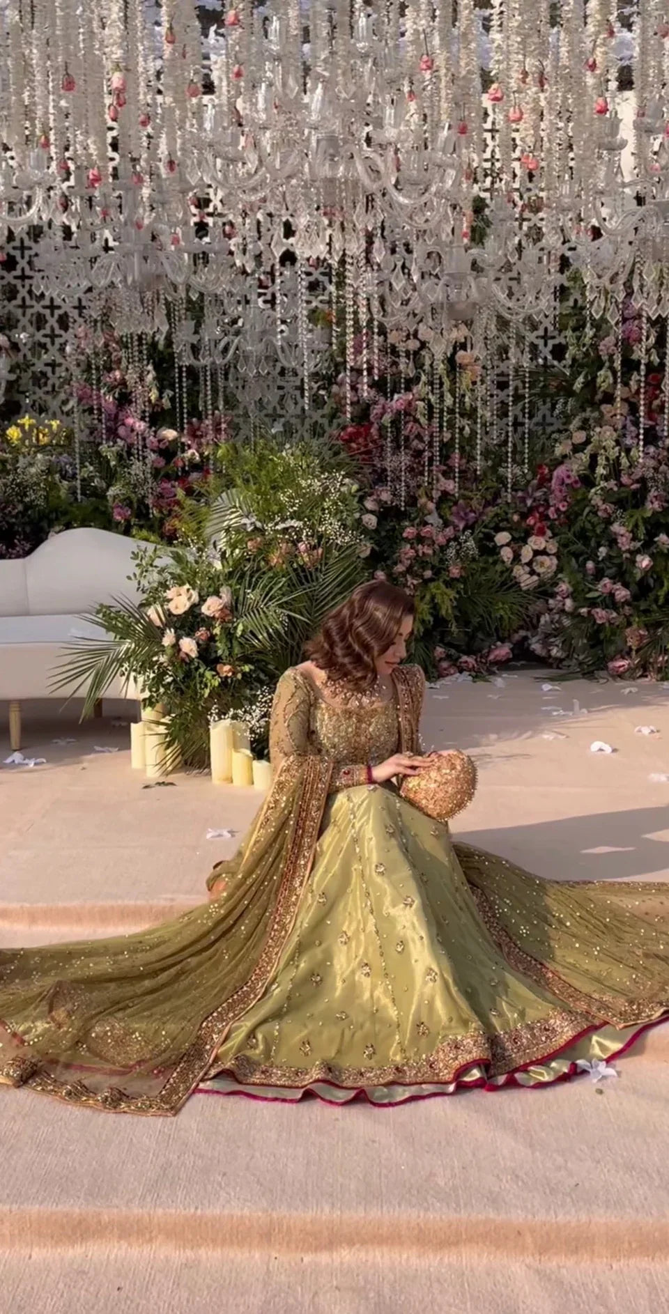 Haris Shakeel inspired pistachio green festive ensemble featuring a shirt with intricate embroidery and delicate embellishments creating a refined luminous texture, paired with a coordinated dupatta with rich contrasting borders and straight-cut trousers, perfect for wedding festivities, formal gatherings, and celebratory occasions.