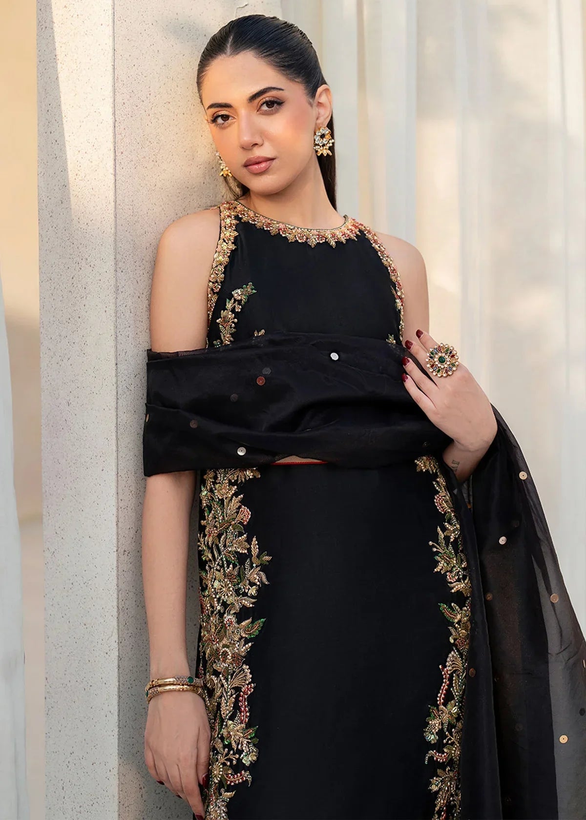 Liyana Black Women’s Embroidered Tissue Silk Sharara 3‑Piece Festive Ensemble – Elegant Ethnic Outfit by Laam Premium