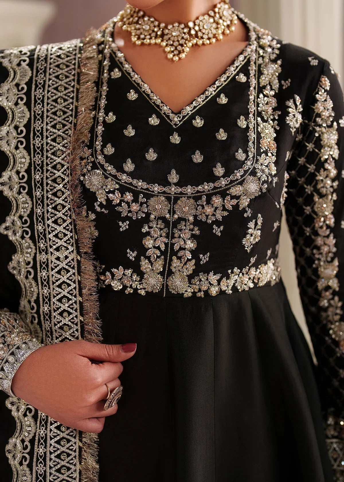Novara Black Embroidered Tissue Silk Pishwas & PK Silk Lehenga 3 Piece Suit with Organza Dupatta – Laam Premium