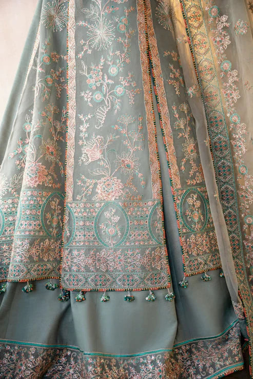 Gossamer Pakistani designer unstitched formal ensemble featuring intricate organza embroidery with components including embroidered blouse pieces, panels, borders, and dupatta, designed to be tailored into a lehnga or other silhouette, perfect for weddings and festive occasions.