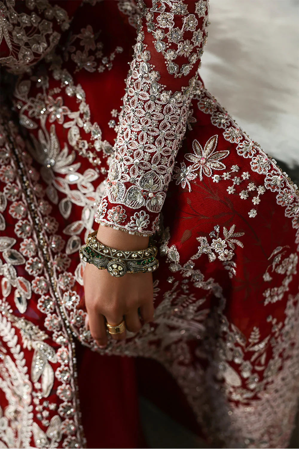 Soraya Solara Pakistani designer festive luxury ensemble with a soft luminous aesthetic and beautifully curated detailing, featuring a refined balance of texture and harmony, creating an effortlessly graceful couture look for modern festive occasions.