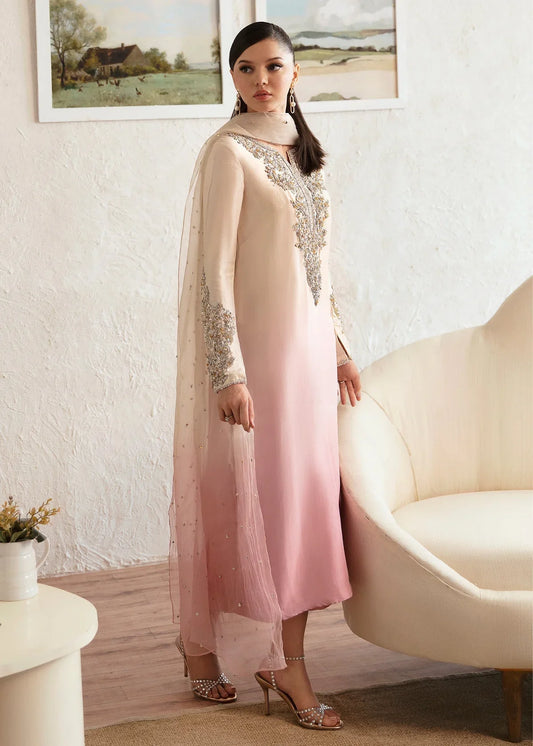  Maura ombre pink Pakistani designer formal ensemble featuring a pure raw silk shirt with intricate hand embellishments, paired with matching raw silk culottes and an organza dupatta with celestial accents, creating a glamorous and sophisticated look for formal events and weddings.