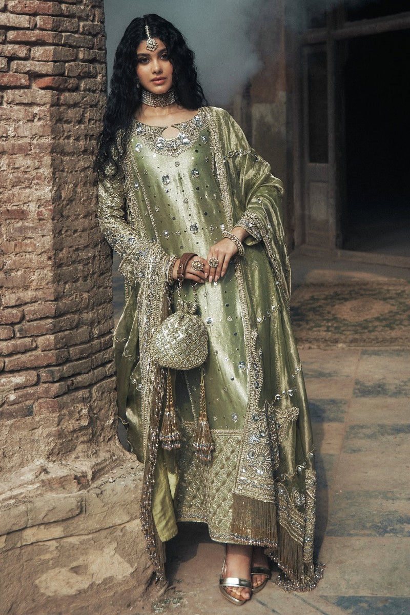 Iqbal Hussain Pistachio pistachio and gold bridal lehenga choli featuring intricate hand embroidery, delicate zari work, and fine embellishments with ornate floral and traditional motifs and shimmering accents, paired with a matching embellished choli and a soft net dupatta with detailed borders, perfect for barat, nikah, walima, and formal wedding receptions.