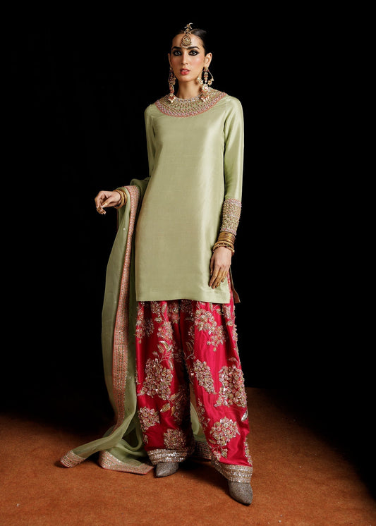 Hussain Rehar Doron ensemble crafted from luxurious fabric with intricate embellishments and refined detailing on a perfectly tailored silhouette, paired with a delicately worked dupatta, perfect for formal occasions and memorable celebrations.