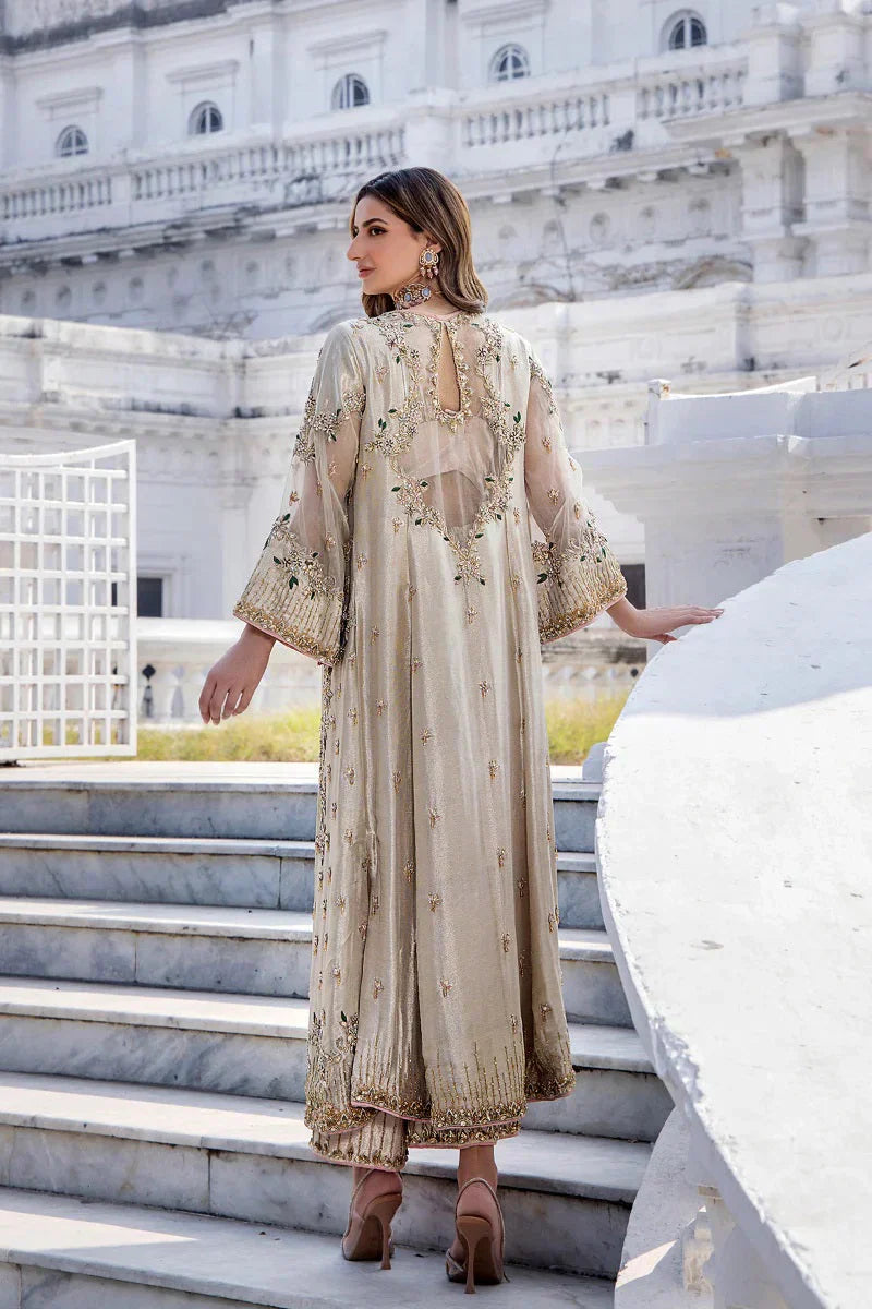 Shazia Kiyani Shanoo unstitched three-piece ensemble in premium organza featuring intricate embroidery, offering timeless elegance and versatility for customization, perfect for weddings, celebrations, and formal gatherings.